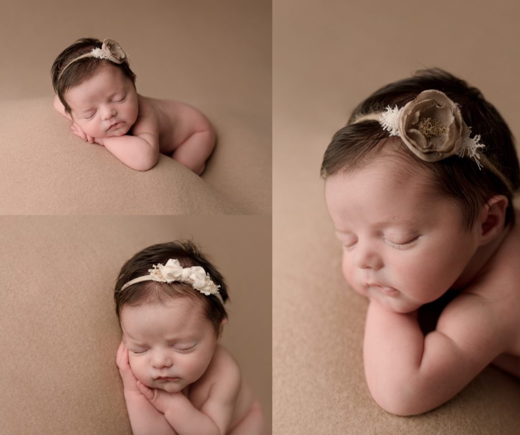 Pensacola, FL Newborn Photographer Newborn Session Studio Posing Images of Newborn Posed Chin on hands on Brown Blanket