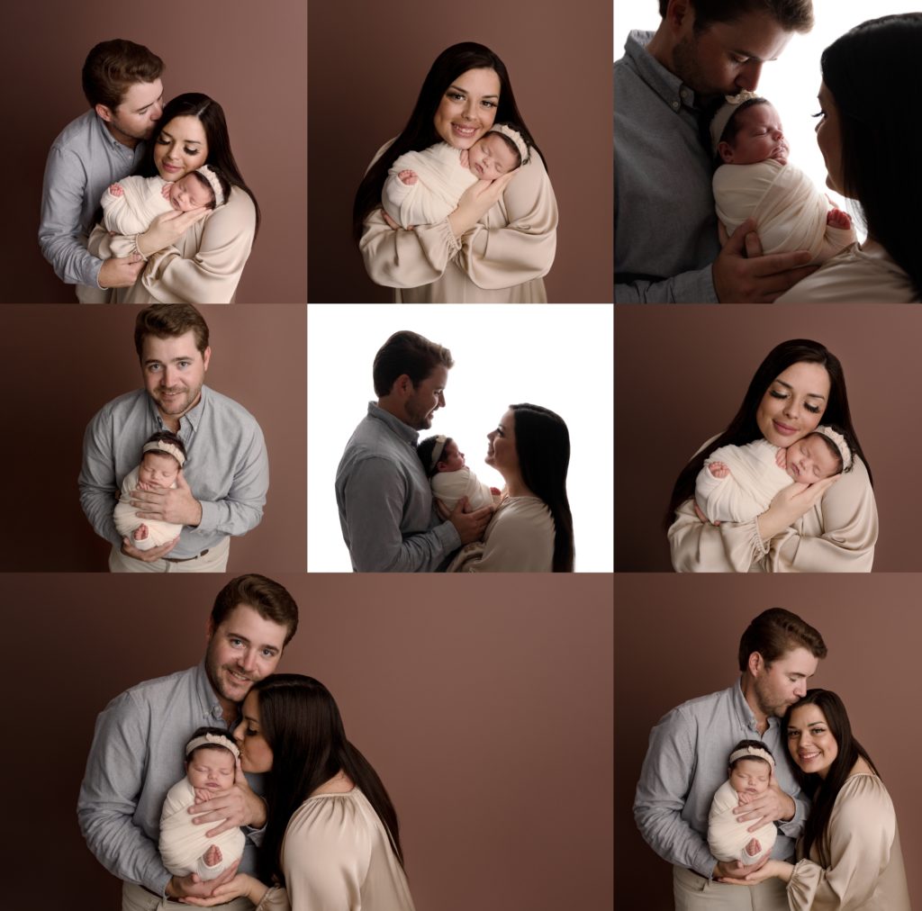 Pensacola, FL Newborn Photographer Newborn Studio Family Posing Multiple Images of Parents with newborn baby girl