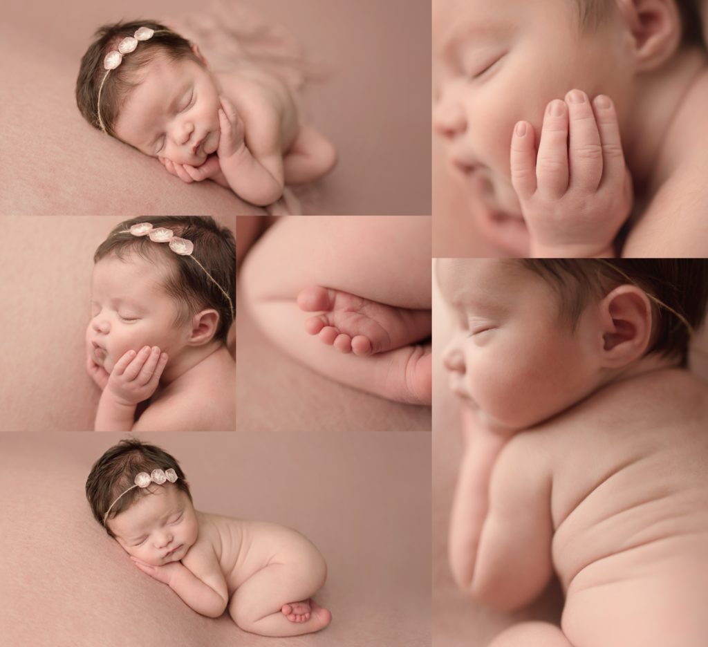 Pensacola, FL Newborn Photographer Studio Posed Newborn Session Detailed Images of Newborn Girl  on Pink Blanket