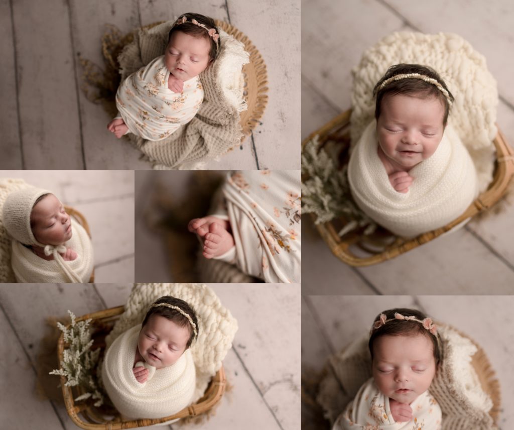 Pensacola, FL Newborn Photographer Stylized Prop Posing During Newborn Session.  Images of baby in basket and swaddled