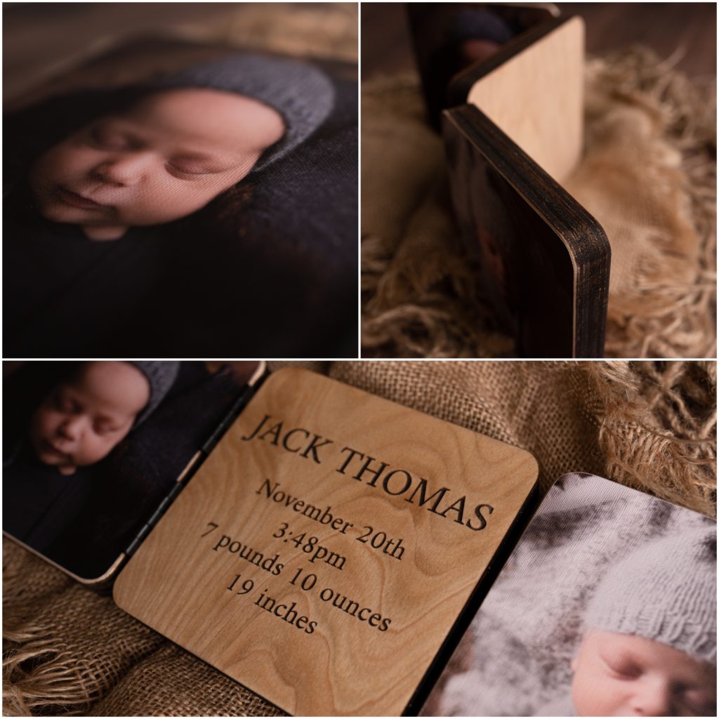 Pace, FL Newborn Photographer, collage of engraved trio block of baby stats.