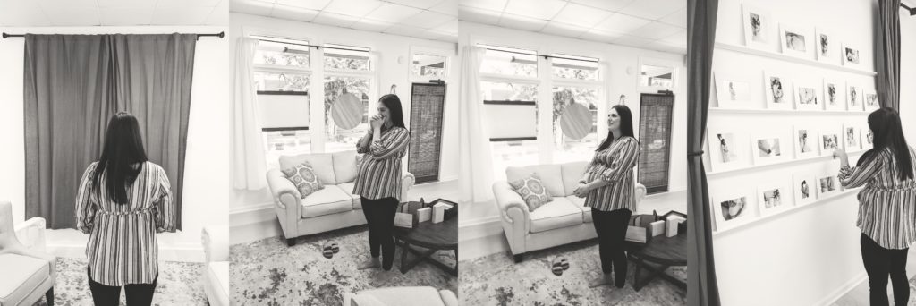 Maternity reveal wall experience.  Four image collage showing expecting mama excitement before viewing her images.