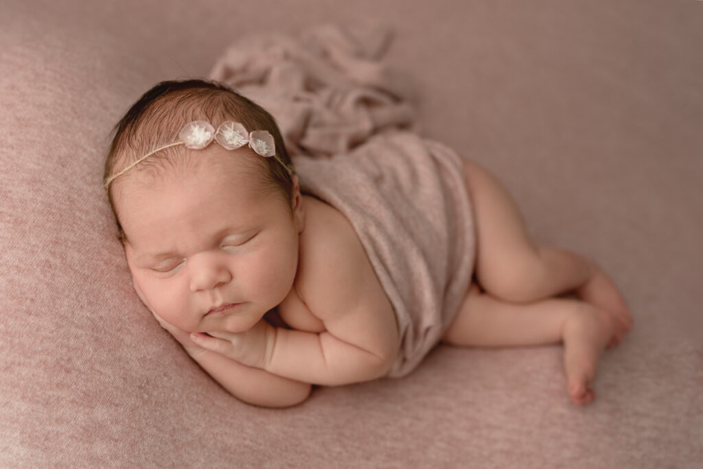 Newborn baby girl laying on her side, wrapped up in a pick swaddle and laying on a matching pink blanket.