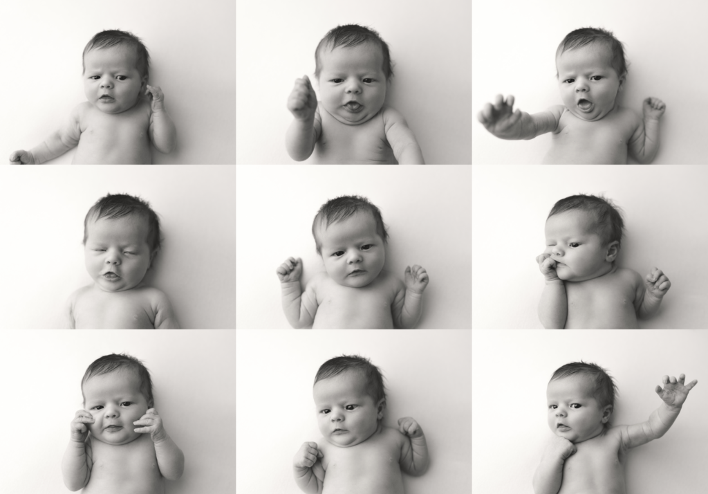 Pensacola,FL Newborn Photographer. Black and white image of personality shots of baby.
